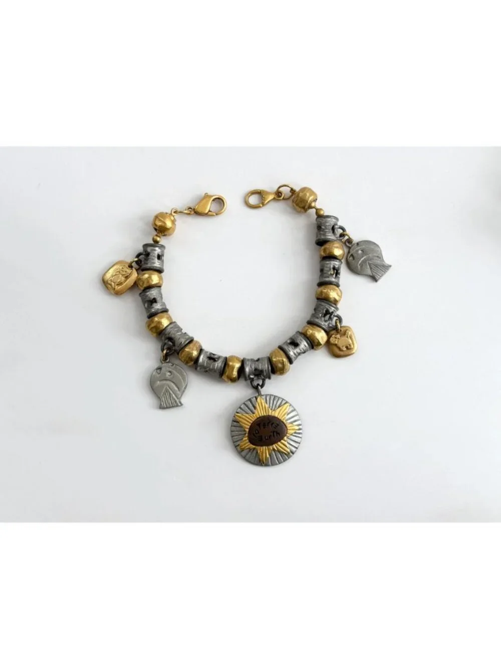 Liz Clairborne Gold & Silver Toned Beaded Terre Earth Medallion Pendant Bracelet